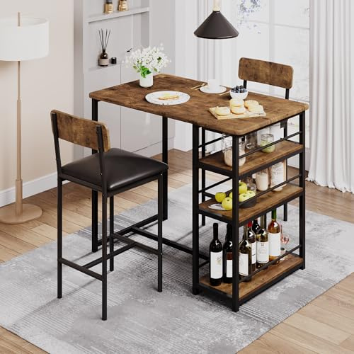 Aptliton Vintage Bar Dining Table Set for 2 with Padded Cushion Stools & 3 Storage Shelves, Space-Saving Tall Design for Small Spaces, Apartment & Kitchen Breakfast Nook, Rustic Brown