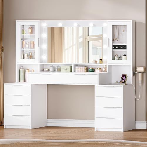 Hzuaneri Dressing Table with Lighting, Power Strip, 150 cm Vanity Desk | Vanity Table with 10 Drawers, Adjustable Brightnes, Glass Door Storage Cabinet, White DT43703XUK