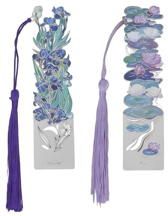 2 Pcs Metal Flower Bookmarks for Women Oil Painting Iris and Water Lily Floral Design with Tassel Aesthetic Bookmark Gift for Her Graduation Teacher Reading Lovers