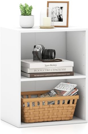 COSTWAY 2-stöckiges Bücherregal klein, offenes Aufbewahrungsregal Holz, Standregal mit 5-Fach verstellbarem Einlegeboden, Würfelregal Raumteiler (Weiß,2 Fächern, 42 x 29,5 x 53,5 cm)