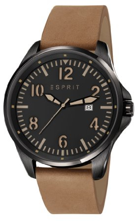 Esprit Tallac Brave Nubuck Herren-Quarzuhr mit schwarzem Zifferblatt, Analog-Anzeige und braunem Lederband, ES107601002, schwarz/braun, Armband