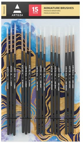 Arteza feine Pinsel, 15er-Set, dünne Pinsel für Modellbau und Leinwände, synthetische Borsten, Detail Pinsel, Miniatur Pinsel für feine Linien und Schattierungen