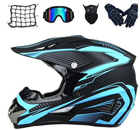 MRDEAR Casque de Motocross avec Lunettes, Gants, Masques, Filet à Elastique (5 Pcs) Casque de Moto Cross Enfant Casque VTT Integral Set Casque de Route Off-Road BMX Cross Road Race,Bleu,M