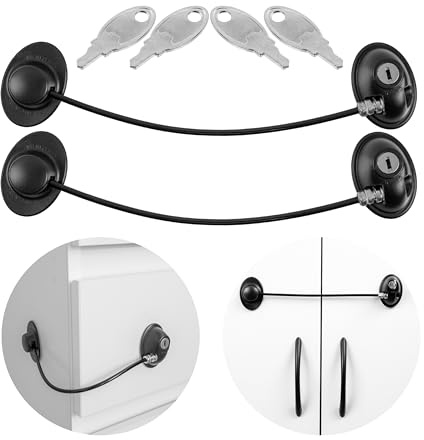 Låsanordning för Kylskåp, Säkra Skåp och Dörrar, 2-pack Självhäftande Låsanordning med 4 Nycklar, Dörrsäkra Lås, Kraftig Vajer, Spårfri Borttagning, Barnsäkerhetsenhet för Hem, Kontor, Svart, 2 x Lock