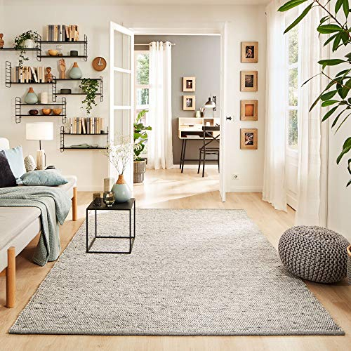 Steffensmeier Handwebteppich Rellenbach | Schurwolle Mit Fusselstopp, gewalkt, Grau, handgewebt, Größe: 250x290 cm Wohnzimmer und Schlafzimmer