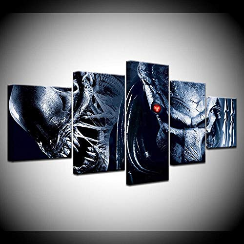 Myrdsio Leinwanddrucke Modern Home Wand Dekor Film Aliens Vs Predator 5 Stück Leinwände Drucken Modulare Bild Kunst Hd Malerei Kunstwerke,Fertig Zum Aufhängen(Mit Rahmen)