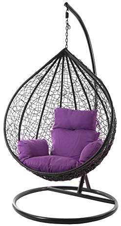 Kideo® Komplettset: XXL Hängesessel mit Gestell & Kissen, Lounge Möbel, Poly-Rattan, schwarz, edel, groß (Kissen: Nest lila (4050 Violet))