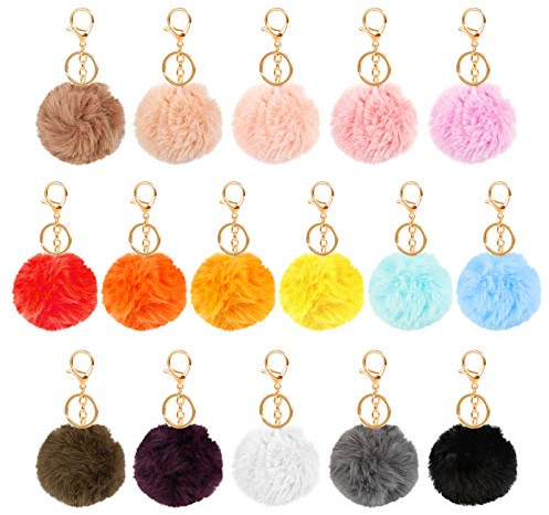 Iyowei 16 Stück Pompom Schlüsselanhänger mit Puschel, Plüschball Keychain | Pompon Schlüsselanhänger Bommel Plüschball Plüsch Ball Anhänger Pompom Keychain Fellbommel Taschenanhänger für Handtasche