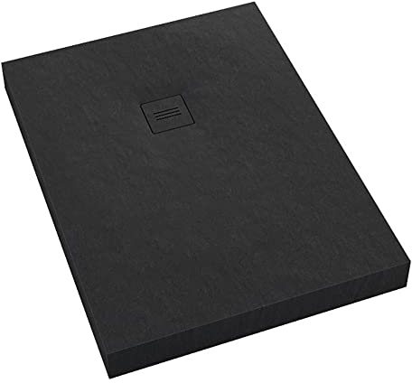 Sellon24® Duschwannen Set Acrylwanne Schwarz mit Siphon Viega und Abdeckplatte Duschtasse Rutschfest Steinoptik Bau-Höhe 12 cm (80x140x12)
