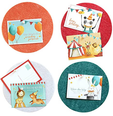 Papierdrachen 4 Pinnwand Tafeln mit 6 Postkarten - Kinderzimmerdeko aus Filz zum Aufhängen - Selbstklebende Wanddeko inkl. 12 Pins - Motivationssprüche - Zirkus - Set 3