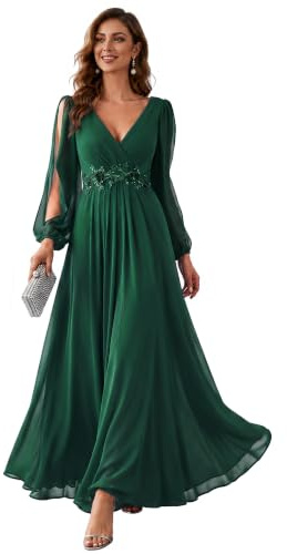 Ever-Pretty Women's Elegant A-Line Deep V-Neck Appliques Pleated Long Sleeve Bridesmaid Dress 00461