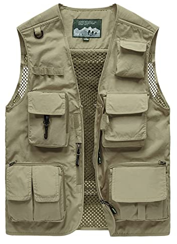 Sukany Men's Leisure Outdoor Work Safari Fishing Travel Cargo Vest Jacket Photo Mesh Waistcoat Multi Pockets Khaki 2XL