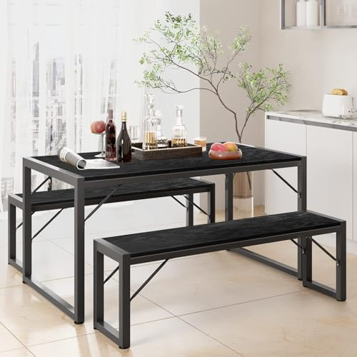 Gizoon 45.5 Dining Table Set for 4 with 2 Benches, Kitchen Table Set with Metal Frame & MDF Board, Space-Saving Dinette for Kitchen, Dining Room -Black