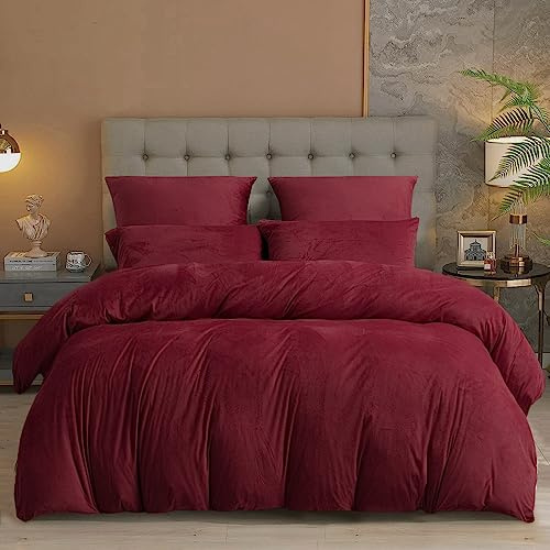 Damier Warme Winter Bettwäsche 135x200cm Rot Weinrot Cashmere Touch Plüsch Bettwäsche Set Fleece Flausch Bettbezug mit Reißverschluss und Kopfkissenbezug 80 x 80 cm