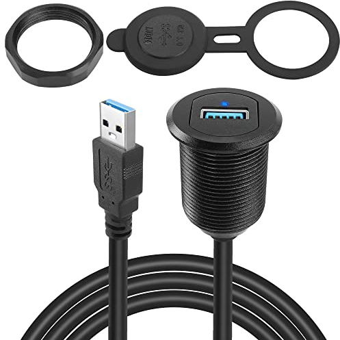 QIANRENON 5Gbps USB3.0 Fijación roscada Embedded Coche Impermeable Cable USB3.0 Macho a Hembra Panel Montaje Extensión Cable, Luces LED, AL Carcasa, para Salpicadero Coche Barco Moto, 2m/6.5ft