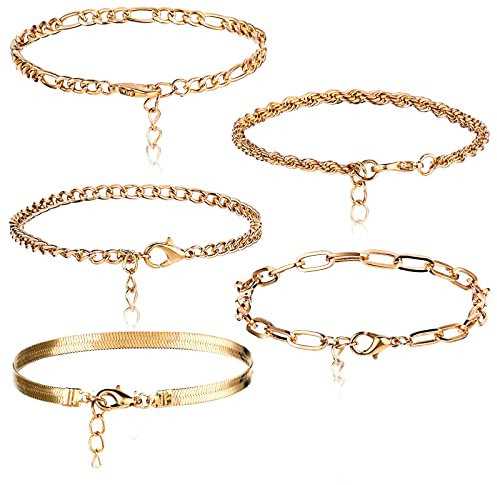 Ouligay 5Pcs Gold Bracelet Set for Women Gold Plated Layered Bracelets Curb Rope Figaro Herringbone Chain Bracelets Boho Adjustable Bracelets Metal Link Chain Bracelet for Women Girls