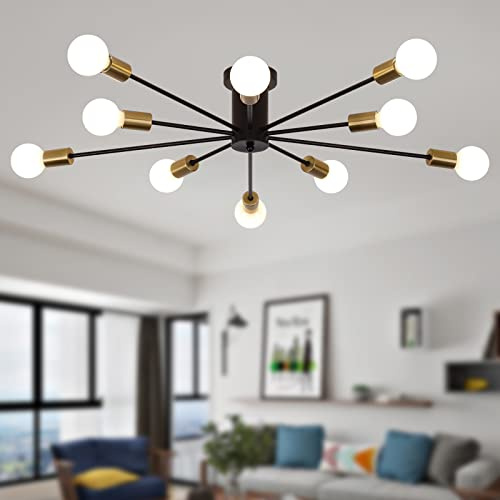 JIINOO Moderne Sputnik Deckenleuchte 10-Flammig Schwarz Gold | Industrielle Deckenlampe aus Metall für Wohnzimmer, Esszimmer, Küche, Schlafzimmer, Flur und Eingangsbereich, 87cm