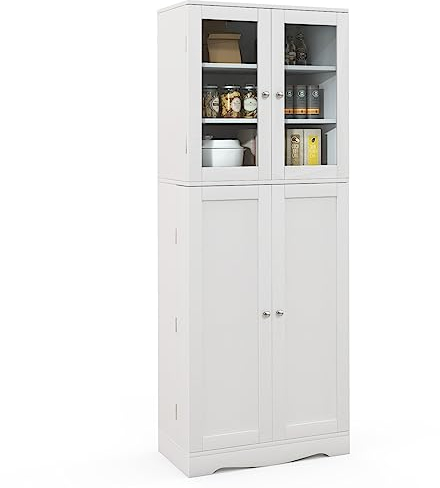 COSTWAY Tall Kitchen Cupboard, Buffet Pantry Storage Cabinet with Dual Tempered Glass Doors, Shelves, Door Racks & Anti-Toppling Design, Freestanding Organizer Unit for Dining Living Room (White)