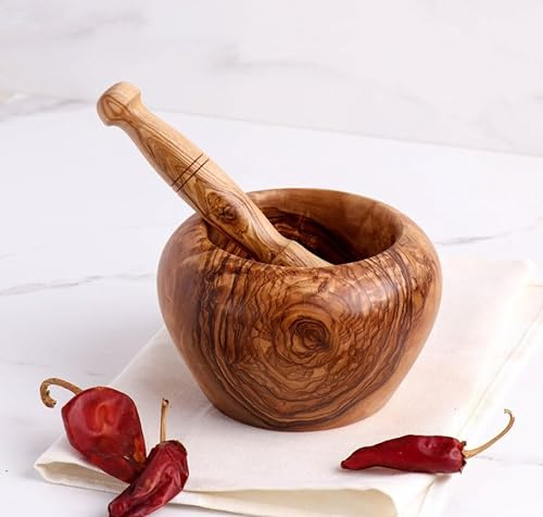 M´Zaytouna Mörser mit Stößel Holz, Olivenholz Mörser, Gewürz Mörser, Kräuter Mörser, mit abgerundetem Rand, 100% Handgefertigt aus hochwertigem Olivenholz, 100% Bio Produkt, Mörser Holz, Set