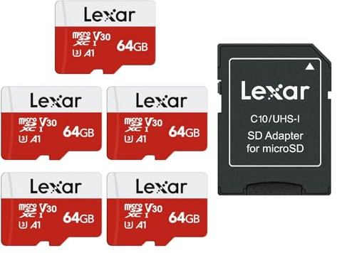Lexar Micro SD 64GB 5PK, Micro SD Card up to 100MB/sec(R), MicroSDXC Memory Card with SD Adapter, A1, U3, C10, V30, Micro SD Card Pack of 5
