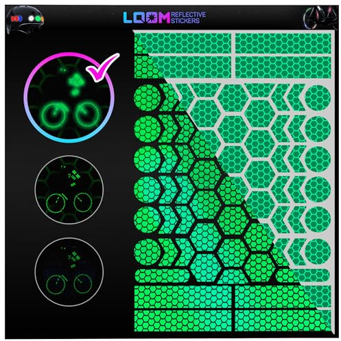 LOOM Fahrrad Reflektoren Aufkleber Set | 67 stk Brilliant Grün | German Oralite Qualität | Reflektoren fahrrad | Wasserdicht | Für Helm, Auto, Anhänger, Reflektoren schulranzen kinder
