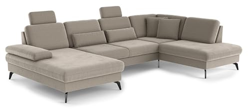Cavadore Wohnlandschaft Moritz / Sofalandschaft mit Longchair im trendigen Design, Sitztiefenverstellung, Kopfstützen und mattschwarzen Metallfüßen / 335 x 82-107 x 212 / Mikrofaser, Perlbeige