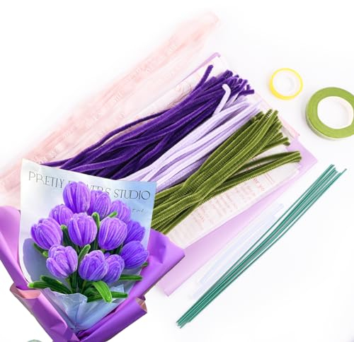 Tulpe Blumenstrauß Pfeifenreiniger Set Pfeifenputzer zum Basteln Blumen Pipe Cleaner Flower Set Chenilledraht Tulpenstrauß Kit Pfeifenreiniger Blumen Lila mit Blumenstrauss Papier für Dekoration