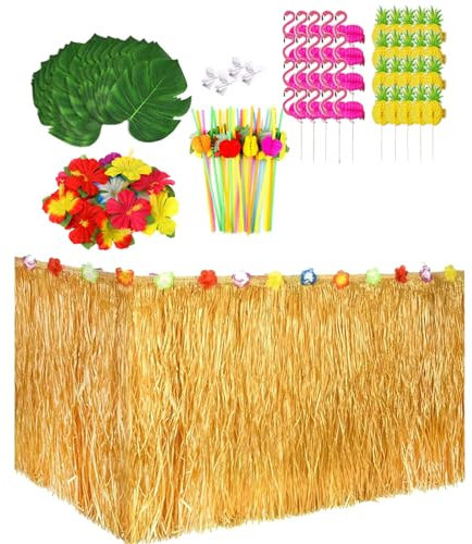 Xafrstyu Hawaii Party Dekoration Kit, Hawaii Luau Tischröcke, Hawaiianische Blumen,Künstliche Palmenblätter, Luau Hawaii Banner Foto Requisiten Zubehör, für DIY Garten Beach Party Deko (Gelb,171)