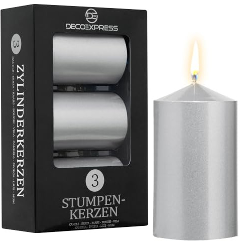 DECO EXPRESS pelarljus paket med 3 långvariga 30 timmars bränntid oparfymerad dekorativa rustika metalliska färger (metalliskt silver – 3-pack)