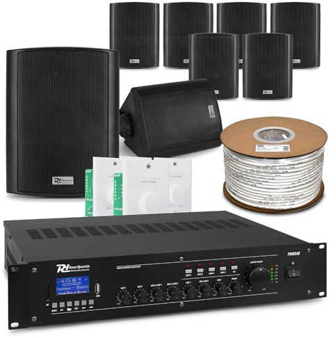 Power Dynamics 4-Zone Multi Zone PA System with 8 Weatherproof Wall Speakers, Bluetooth MP3 Player, Commercial Background Music Audio Setup, Volume Control for Indoor Outdoor Installations