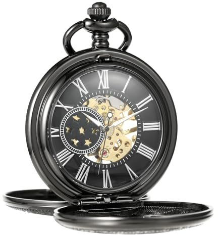 TREEWETO Taschenuhr Herren mit Kette Retro Getriebe Design Doppeldeckel Antik Mechanische Kettenuhr Römische Ziffern für Vater Opa Geburtstag Jahrestag
