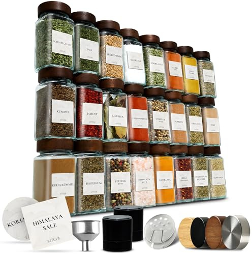 KITCHI Gewürzgläser 24er Set mit 2 Mühlen – Akaziendeckel – 120 ml – Eckige Form – Luftdicht ddd