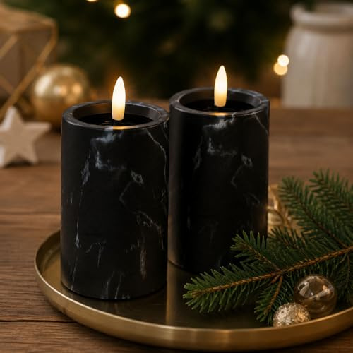 2er Set LED Kerze Stumpenkerze Adventskerze Kerze für Laternen Marmor Optik flackern Ø7x12cm Schwarz Batterie