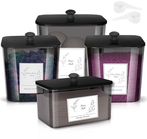 Zingbee 4 Pack Laundry Detergent Containers & Dryer Sheet Holder with Black Lids, Scoops & Labels - Plastic Laundry Organizer and Storage Jars for Pods, Detergent, Scent Booster