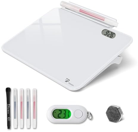 Pizarra blanca de cristal pequeña de borrado en seco con reloj, llavero de reloj de viaje pequeño con bloc de notas de escritorio, pizarra blanca para escritorio, pantalla digital de luz LED, 8 x 6