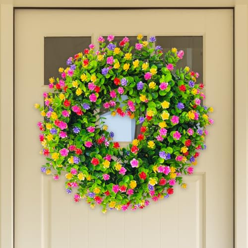 JOYWU Spring Wreath for Front Door,45cm Farmhouse Colorful Cottage Wreath,Green Eucalyptus Wreath with Flowers,Summer Wreath,Outdoor Green Door Wreath,Spring Summer Decoration Indoor (colorful)