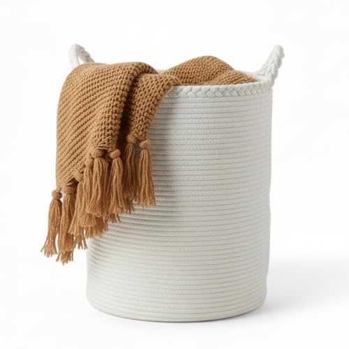 Wäschekorb aus Baumwolle, 57 l, Wäschekorb mit Griffen, Aufbewahrungskörbe für Decken, Spielzeug, Kinderzimmer, Wohnzimmer, Waschküche, Badezimmer, Laundry Basket, 38 x 50 cm, Weiß