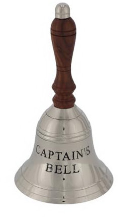 Maritime Tischglocke/Handglocke/Tischklingel aus vernickeltem Messing mit Holzgriff und Prägung CAPTAIN'S BELL, H: 125 mm, Ø: 65 mm oder H: 180 mm, Ø: 90 mm - Schönes Boot-Accessoires Größe 160 mm