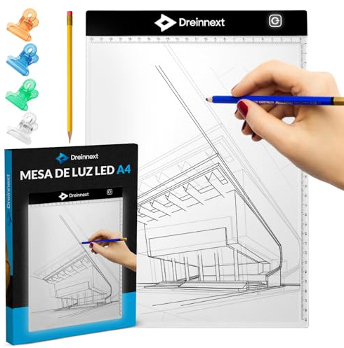 Dreinnext® Mesa de Luz LED A4 | Tablero de Dibujo con Brillo Ajustable | Pizarra de Luz Ultrafina Portátil para Calcar, Bocetos, Pintura de Diamantes y Tatuajes | Cable USB C Incluido