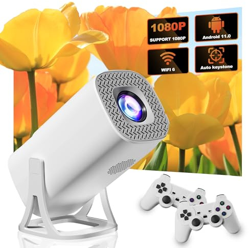 2025 Smart Wireless Projector with 2 Controller Game pad, 30000+ Retro Games, Mini 4K Video Movie Portable Projector for Bedroom, Home Theaters. Support Auto Keystone, Connect TV, IOS, Android, Tablet
