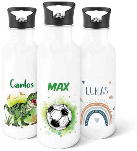 GRAVURZEILE - Bedruckte Trinkflasche aus Edelstahl - Fußball - Personalisiert mit Namen - 600 ml - Auslaufsicher mit klappbarem Mundstück und integriertem Trinkhalm
