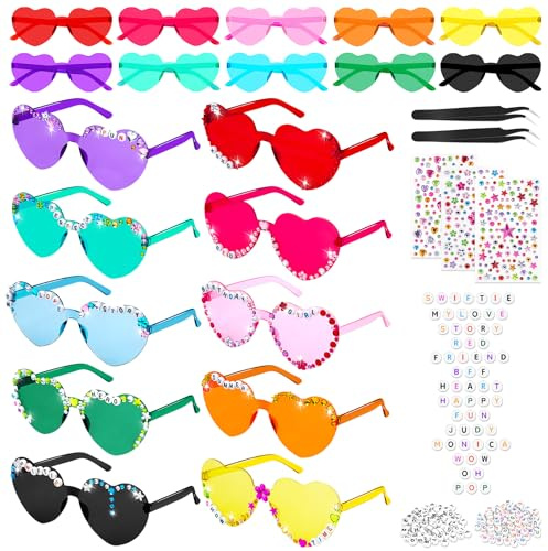 SelfTek DIY Herz Brille - 10 Stück Herz Sonnenbrille Partybrille Herzform Brille, JGA Brillen für Fans 1989 Ära, Sonnenbrille Herzform für Party Hochzeit Karneval (10PCS-DIY Mehrfarbig)