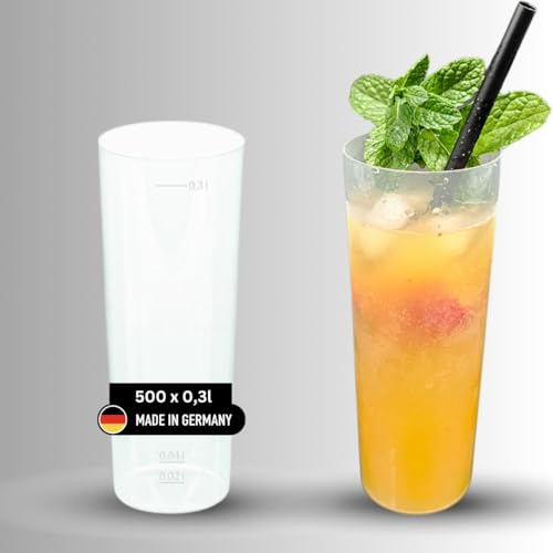 DeinPack 500 Longdrinkbecher | Mehrwegbecher 300ml Made in Germany | Getränkebecher mit Eichstrich | wiederverwendbar | Transparent aus PP | Trinkbecher 0,3l | Bierbecher | Partybecher