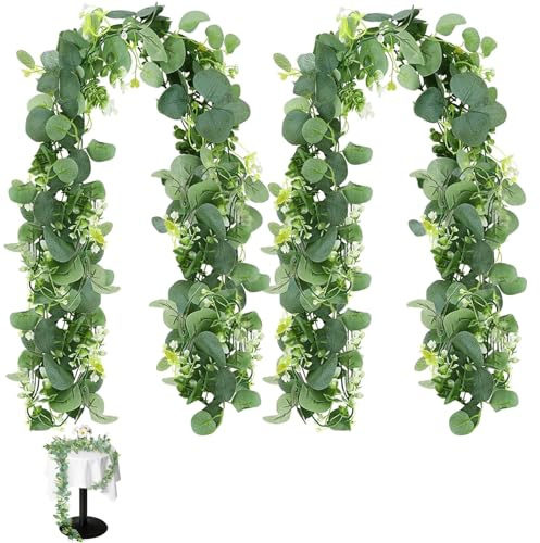2 Piezas Guirnaldas Artificiales de Eucalipto 1.8m, Guirnalda de Eucalipto Sintética con Flores Blancas, Eucalipto Artificial Guirnalda, Eucalipto Guirnalda Verde para Bodas, Salón, Balcón y Puertas
