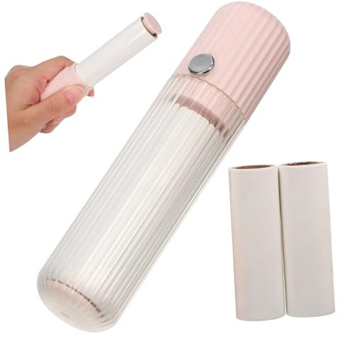 Rodillo Quitapelusas de Viaje Rosa, Juego Portátil de Plástico | 120 Hojas, Tapa Protectora Transparente, Uso Fácil para Ropa y Superficies