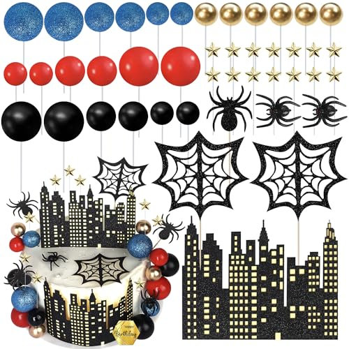 Xsstarmi Spider Cake Topper Decorations with Star City Nights Spider Web Cake Decorations for Superhero Theme Baby Shower Kids Birthday Party DIY Cake Decorations Supplies
