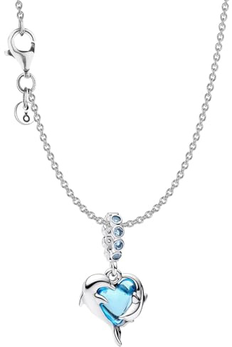 PANDORA Damen-Kette Silber Geschenk-Set Blaue Muranoglas Delfine 28908 | Schmuck-Set Halskette mit Herz-Anhänger für Frauen, Romantische Geschenkidee