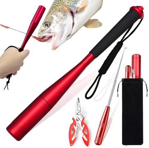 YUJUVI Fischtöter Angelzange 3-teiliges Angelzubehör Hakenlöser Fischbetäuber Set Aluminium Fisch Totschläger Angeln Zange Disgorger Forelle Angel Werkzeug mit Tasche (Rot)