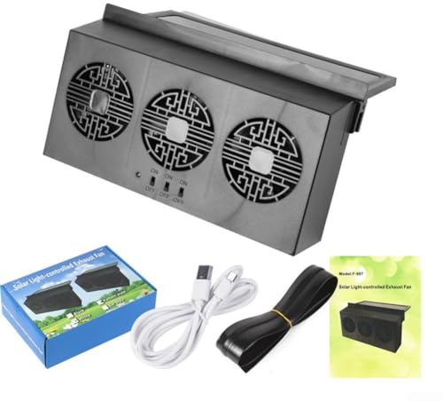 Energy saving solar light controlled car exhaust fan with USB backup for continuous ventilation and heat elimination with innovative three hole design (Black)