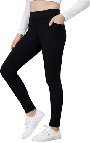 BALAYSIER Sportleggings, flickor, långa med ficka, flickor, yogabyxor, långa, elastiska, hög midja, sportbyxor för barn, för gymnastik, yoga, vardag, svart, 140